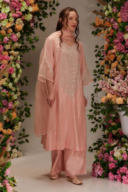 Shop Preeti S Kapoor Peach Chanderi, Cotton, Silk , Moti Embellished Kurta Pant Set Online at Aza Fashions Shop_Preeti S Kapoor_Peach Chanderi, Cotton, Silk , Moti Embellished Kurta Pant Set _Online_at_Aza_Fashions