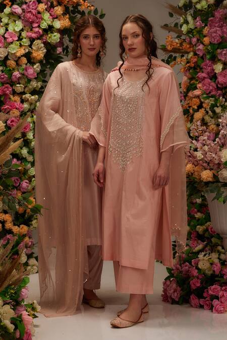 Preeti S Kapoor Peach Chanderi, Cotton, Silk , Moti Embellished Kurta Pant Set at Aza Fashions Preeti S Kapoor_Peach Chanderi, Cotton, Silk , Moti Embellished Kurta Pant Set _at_Aza_Fashions