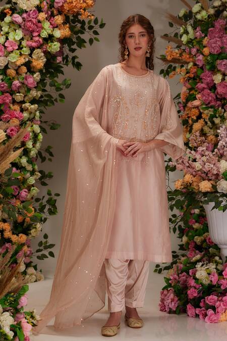 Preeti S Kapoor Peach Chanderi Embellished Sequin Round A-line Kurta Set