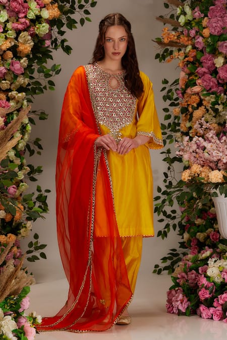 Preeti S Kapoor Yellow Chanderi Embellished Gota Short A-line Kurta Set With Contrast Dupatta