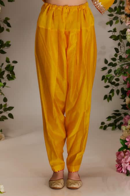 Preeti S Kapoor_Yellow Chanderi, Cotton, Organza Short A-line Kurta Set With Contrast Dupatta _Online_at_Aza_Fashions