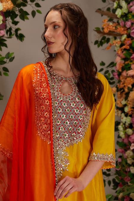 Buy_Preeti S Kapoor_Yellow Chanderi, Cotton, Organza Short A-line Kurta Set With Contrast Dupatta _Online_at_Aza_Fashions