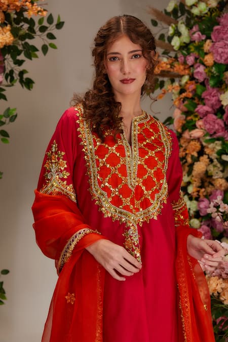 Buy_Preeti S Kapoor_Pink Chanderi, Cotton, Organza Gota Embellished A-line Kurta Set _Online_at_Aza_Fashions