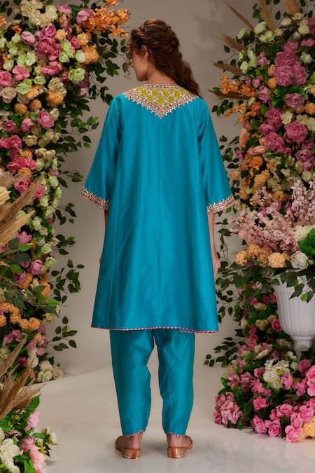 Shop Preeti S Kapoor Blue Chanderi, Cotton, Organza Kalidar A-line Kurta Set With Contrast Dupatta at Aza Fashions Shop_Preeti S Kapoor_Blue Chanderi, Cotton, Organza Kalidar A-line Kurta Set With Contrast Dupatta _at_Aza_Fashions