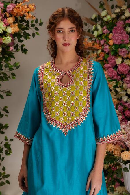 Preeti S Kapoor Blue Chanderi, Cotton, Organza Kalidar A-line Kurta Set With Contrast Dupatta Online at Aza Fashions Preeti S Kapoor_Blue Chanderi, Cotton, Organza Kalidar A-line Kurta Set With Contrast Dupatta _Online_at_Aza_Fashions