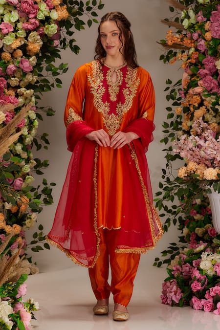 Preeti S Kapoor Orange Chanderi Embellished Gota Round Key Scallop Ghera Hem A-line Kurta Set