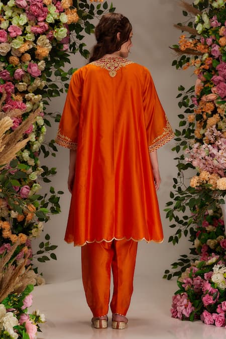 Shop_Preeti S Kapoor_Orange Chanderi, Linen, Cotton, Organza Gota Scallop Ghera Hem A-line Kurta Set _at_Aza_Fashions