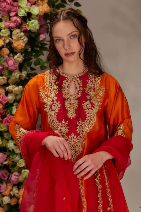 Preeti S Kapoor_Orange Chanderi, Linen, Cotton, Organza Gota Scallop Ghera Hem A-line Kurta Set _Online_at_Aza_Fashions