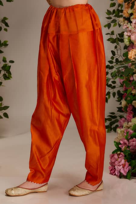 Buy_Preeti S Kapoor_Orange Chanderi, Linen, Cotton, Organza Gota Scallop Ghera Hem A-line Kurta Set _Online_at_Aza_Fashions