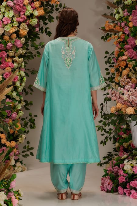 Preeti S Kapoor Blue Chanderi, Cotton, Organza Sequins, A-line Kurta Set With Contrast Dupatta Online at Aza Fashions Preeti S Kapoor_Blue Chanderi, Cotton, Organza Sequins, A-line Kurta Set With Contrast Dupatta _Online_at_Aza_Fashions