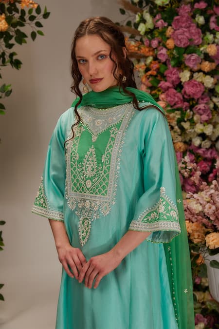Buy Preeti S Kapoor Blue Chanderi, Cotton, Organza Sequins, A-line Kurta Set With Contrast Dupatta Online at Aza Fashions Buy_Preeti S Kapoor_Blue Chanderi, Cotton, Organza Sequins, A-line Kurta Set With Contrast Dupatta _Online_at_Aza_Fashions