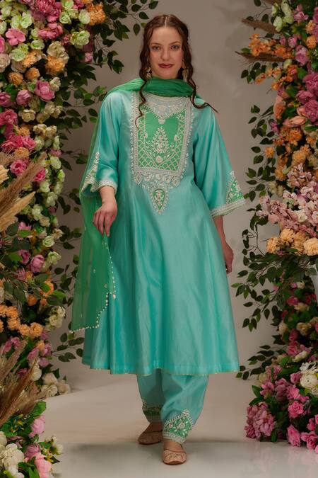 Shop Preeti S Kapoor Blue Chanderi, Cotton, Organza Sequins, A-line Kurta Set With Contrast Dupatta Online at Aza Fashions Shop_Preeti S Kapoor_Blue Chanderi, Cotton, Organza Sequins, A-line Kurta Set With Contrast Dupatta _Online_at_Aza_Fashions
