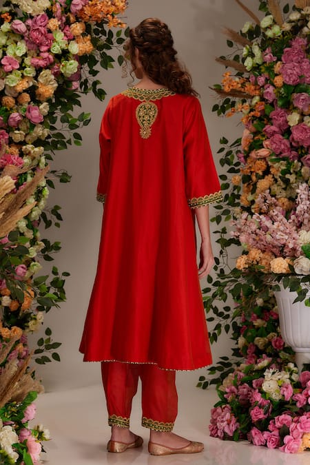 Shop_Preeti S Kapoor_Orange Chanderi, Cotton, Organza Gota Patti, Moti Embellished A-line Kurta Set _at_Aza_Fashions