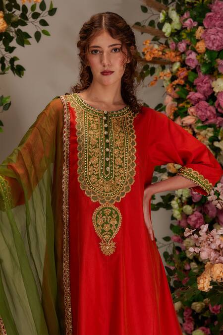 Preeti S Kapoor_Orange Chanderi, Cotton, Organza Gota Patti, Moti Embellished A-line Kurta Set _Online_at_Aza_Fashions