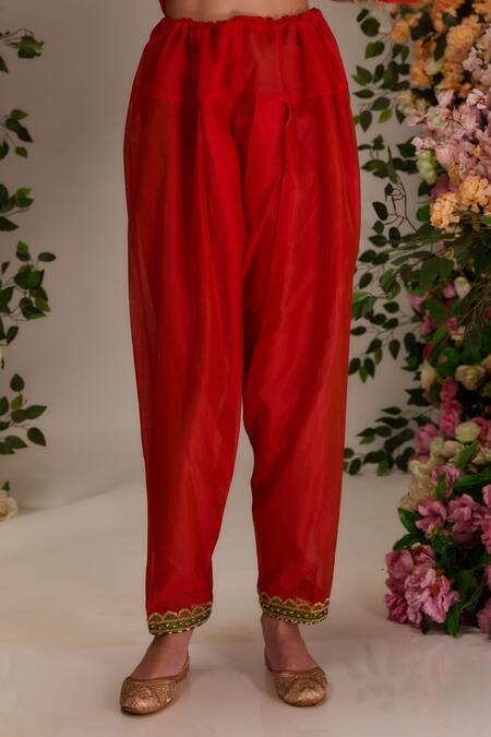 Buy_Preeti S Kapoor_Orange Chanderi, Cotton, Organza Gota Patti, Moti Embellished A-line Kurta Set _Online_at_Aza_Fashions