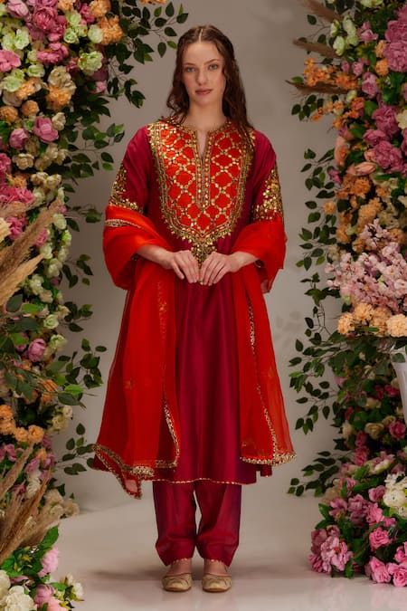 Preeti S Kapoor Maroon Chanderi Embellished Gota Notched Round Sequin A-line Kurta Salwar Set