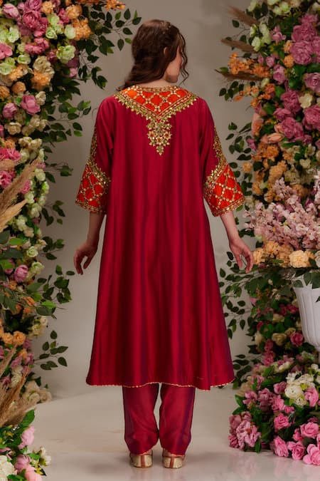 Shop Preeti S Kapoor Maroon Chanderi, Cotton, Organza Sequins, Embellished A-line Kurta Salwar Set at Aza Fashions Shop_Preeti S Kapoor_Maroon Chanderi, Cotton, Organza Sequins, Embellished A-line Kurta Salwar Set _at_Aza_Fashions