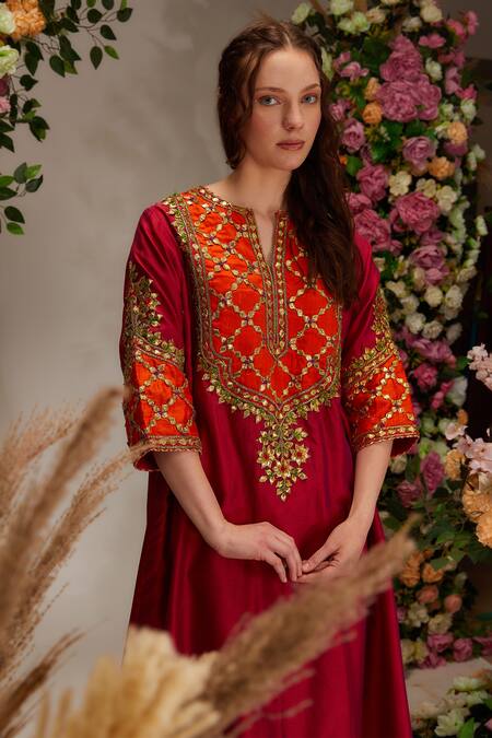 Buy Preeti S Kapoor Maroon Chanderi, Cotton, Organza Sequins, Embellished A-line Kurta Salwar Set Online at Aza Fashions Buy_Preeti S Kapoor_Maroon Chanderi, Cotton, Organza Sequins, Embellished A-line Kurta Salwar Set _Online_at_Aza_Fashions