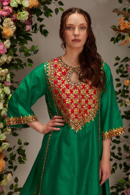Preeti S Kapoor_Green Chanderi, Cotton, Organza Gota Moti Embellished A-line Kurta Salwar Set _Online_at_Aza_Fashions