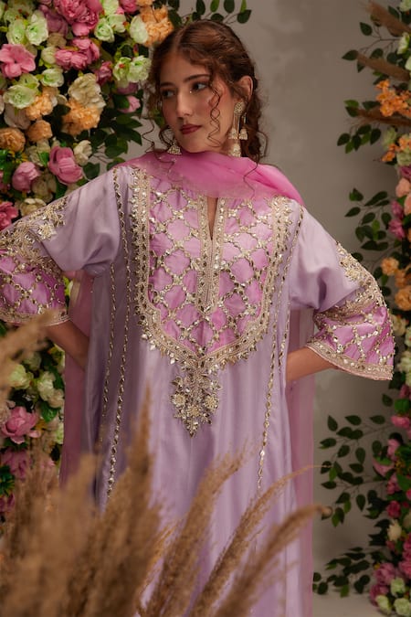 Preeti S Kapoor Purple Chanderi, Satin, Cotton, Organza Gota Patti, A-line Kurta Salwar Set Online at Aza Fashions Preeti S Kapoor_Purple Chanderi, Satin, Cotton, Organza Gota Patti, A-line Kurta Salwar Set _Online_at_Aza_Fashions