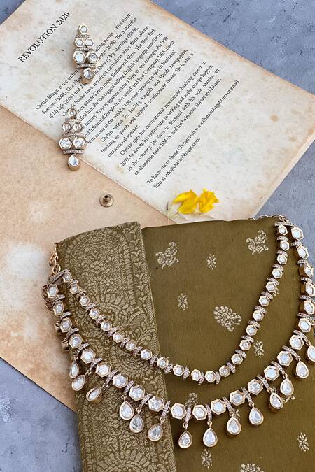 Prestones_White Imitation Diamonds Polki Embellished Layered Necklace Set _Online_at_Aza_Fashions