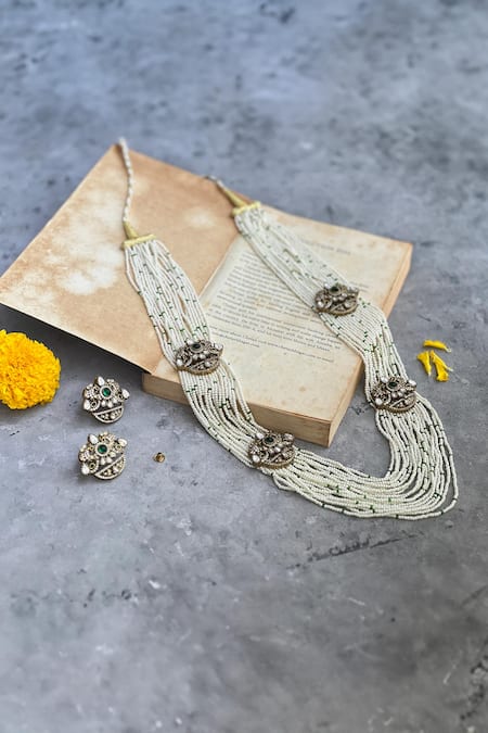 Shop Prestones Green Pearls, Stones Kundan Embellished Layered Necklace Set at Aza Fashions Shop_Prestones_Green Pearls, Stones Kundan Embellished Layered Necklace Set _at_Aza_Fashions