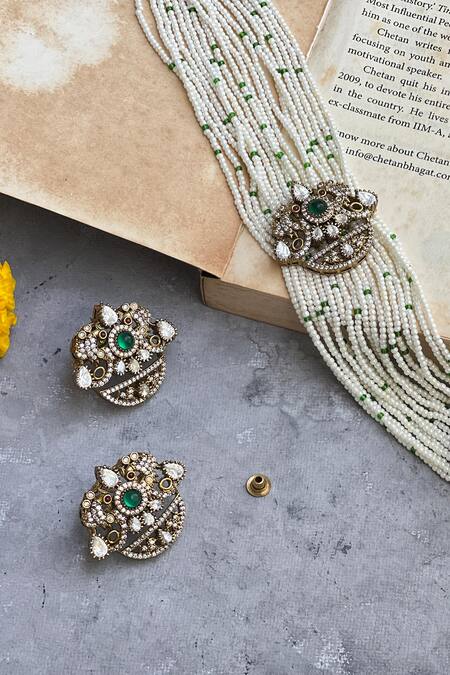 Prestones Green Pearls, Stones Kundan Embellished Layered Necklace Set Online at Aza Fashions Prestones_Green Pearls, Stones Kundan Embellished Layered Necklace Set _Online_at_Aza_Fashions