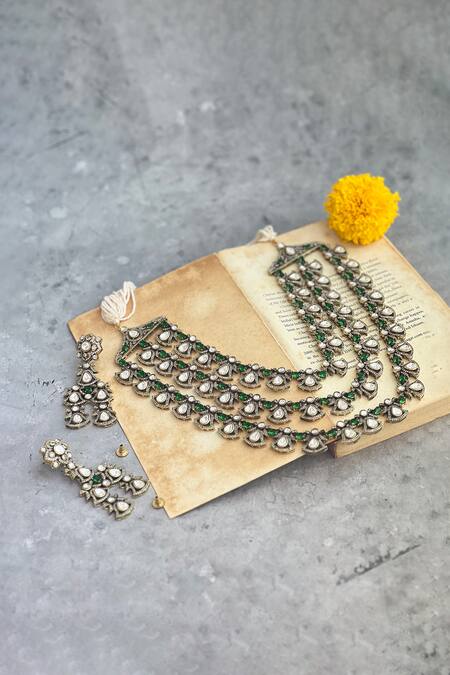 Shop Prestones Green Stones, Piping Embellished Layered Necklace Set at Aza Fashions Shop_Prestones_Green Stones, Piping Embellished Layered Necklace Set _at_Aza_Fashions