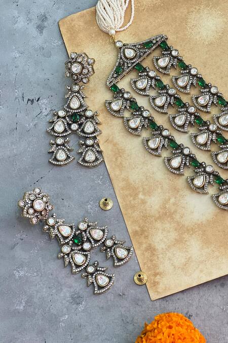 Prestones Green Stones, Piping Embellished Layered Necklace Set Online at Aza Fashions Prestones_Green Stones, Piping Embellished Layered Necklace Set _Online_at_Aza_Fashions