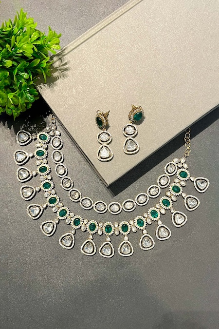 Prestones Green Stones, Crystals Embellished Necklace Set