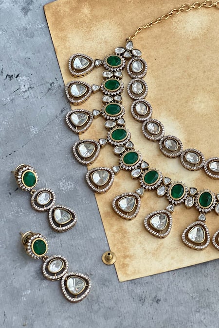 Shop Prestones Green Stones, Crystals Embellished Necklace Set at Aza Fashions Shop_Prestones_Green Stones, Crystals Embellished Necklace Set _at_Aza_Fashions