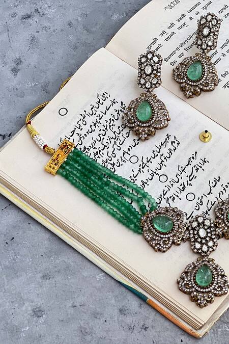 Shop Prestones Green Beads, Diamonds Embellished Pendant Choker Set at Aza Fashions Shop_Prestones_Green Beads, Diamonds Embellished Pendant Choker Set _at_Aza_Fashions