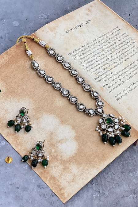 Prestones Green Polki Embellished Long Pendant Necklace Set