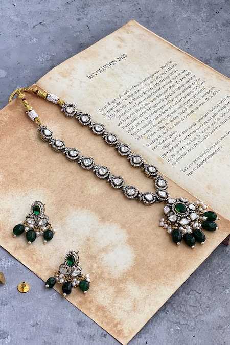 Prestones Polki Embellished Long Pendant Necklace Set 