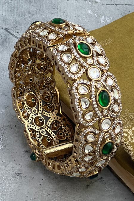 Prestones_Green Stones, Zari, Diamonds Polki Embellished Cutwork Bangle _Online_at_Aza_Fashions