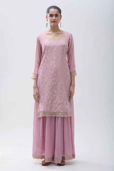 Samyukta Singhania_Pink Chiffon Embroidery Round Neck Floral Jaal Work Kurta Sharara Set _Online_at_Aza_Fashions