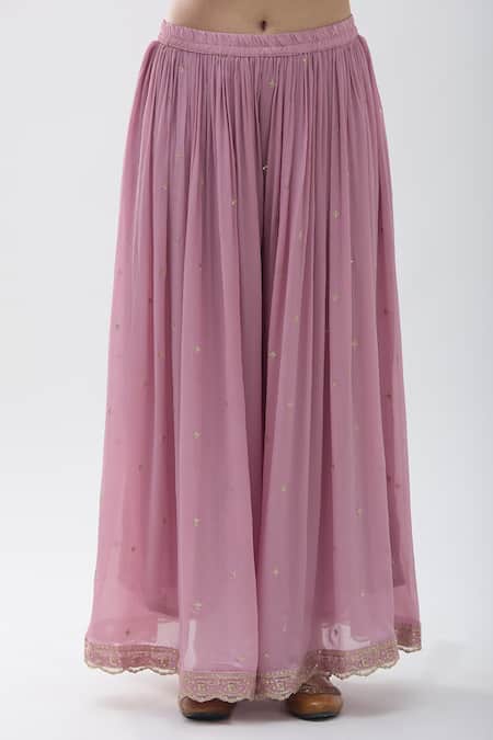 Buy_Samyukta Singhania_Pink Chiffon Embroidery Round Neck Floral Jaal Work Kurta Sharara Set _Online_at_Aza_Fashions