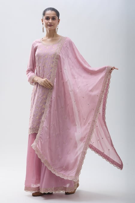Shop_Samyukta Singhania_Pink Chiffon Embroidery Round Neck Floral Jaal Work Kurta Sharara Set _Online_at_Aza_Fashions