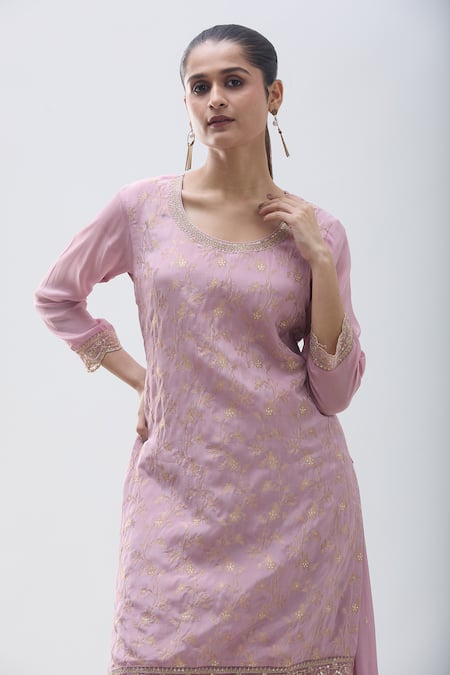 Samyukta Singhania_Pink Chiffon Embroidery Round Neck Floral Jaal Work Kurta Sharara Set _at_Aza_Fashions