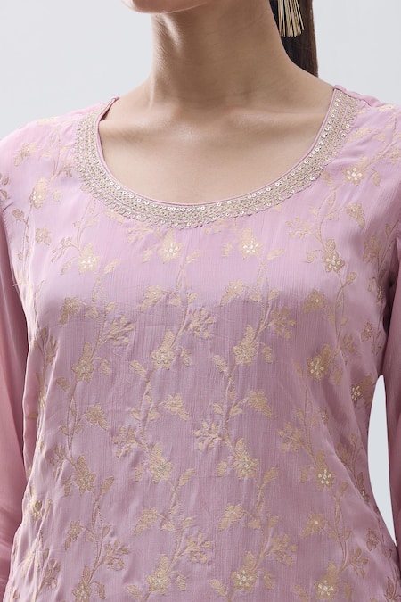 Buy_Samyukta Singhania_Pink Chiffon Embroidery Round Neck Floral Jaal Work Kurta Sharara Set 