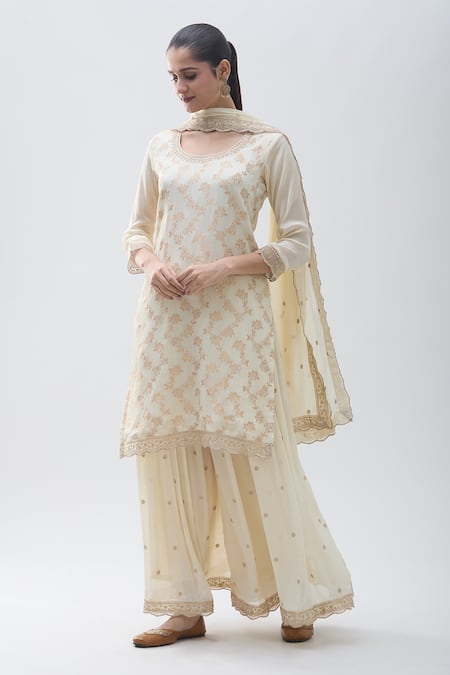 Shop_Samyukta Singhania_Off White Chiffon Embroidery Round Floral Jaal Work Straight Kurta Sharara Set _Online_at_Aza_Fashions