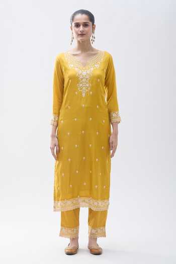 Samyukta Singhania_Yellow Silk, Satin, Organza Sequins, Beads, Floral Detailed Yoke Kurta Set_Online_at_Aza_Fashions