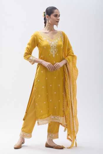 Buy_Samyukta Singhania_Yellow Silk, Satin, Organza Sequins, Beads, Floral Detailed Yoke Kurta Set_Online_at_Aza_Fashions