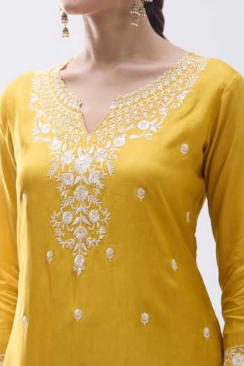 Shop_Samyukta Singhania_Yellow Silk, Satin, Organza Sequins, Beads, Floral Detailed Yoke Kurta Set_Online_at_Aza_Fashions