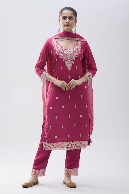 Naintara Bajaj Pink Organza, Satin Sequins, Beads, Floral Detailed Yoke Kurta Pant Set Online at Aza Fashions Naintara Bajaj_Pink Organza, Satin Sequins, Beads, Floral Detailed Yoke Kurta Pant Set _Online_at_Aza_Fashions