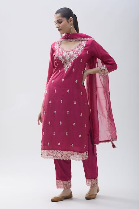Buy Naintara Bajaj Pink Organza, Satin Sequins, Beads, Floral Detailed Yoke Kurta Pant Set Online at Aza Fashions Buy_Naintara Bajaj_Pink Organza, Satin Sequins, Beads, Floral Detailed Yoke Kurta Pant Set _Online_at_Aza_Fashions