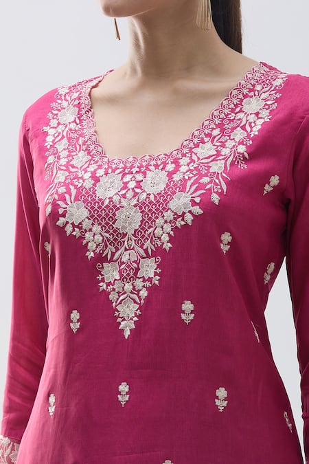 Shop Naintara Bajaj Pink Organza, Satin Sequins, Beads, Floral Detailed Yoke Kurta Pant Set Online at Aza Fashions Shop_Naintara Bajaj_Pink Organza, Satin Sequins, Beads, Floral Detailed Yoke Kurta Pant Set _Online_at_Aza_Fashions