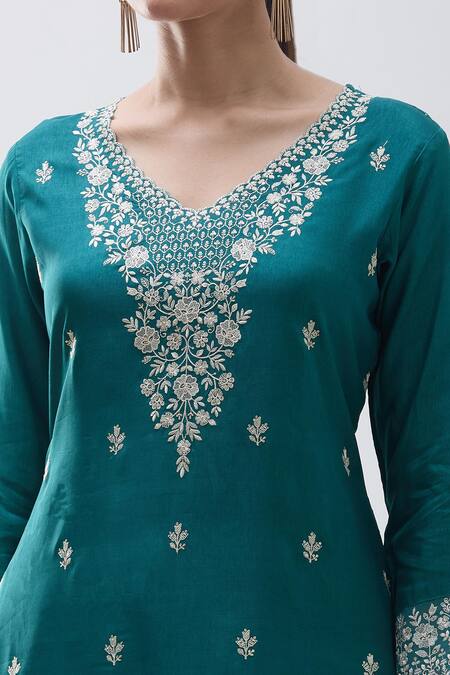 Shop Naintara Bajaj Green Denim, Satin, Organza Sequins, Straight Kurta Set Scallop Hem Dupatta Online at Aza Fashions Shop_Naintara Bajaj_Green Denim, Satin, Organza Sequins, Straight Kurta Set Scallop Hem Dupatta _Online_at_Aza_Fashions