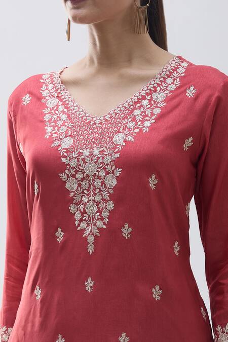 Shop_Naintara Bajaj_Red Satin, Organza Beads, Sequins, Embroidery Floral Detailed Straight Kurta Set_Online_at_Aza_Fashions