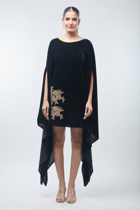 Naintara Bajaj_Blue Double Georgette Sequin, Beads Round Neck Rose Embroidered Kaftan Dress_Online_at_Aza_Fashions